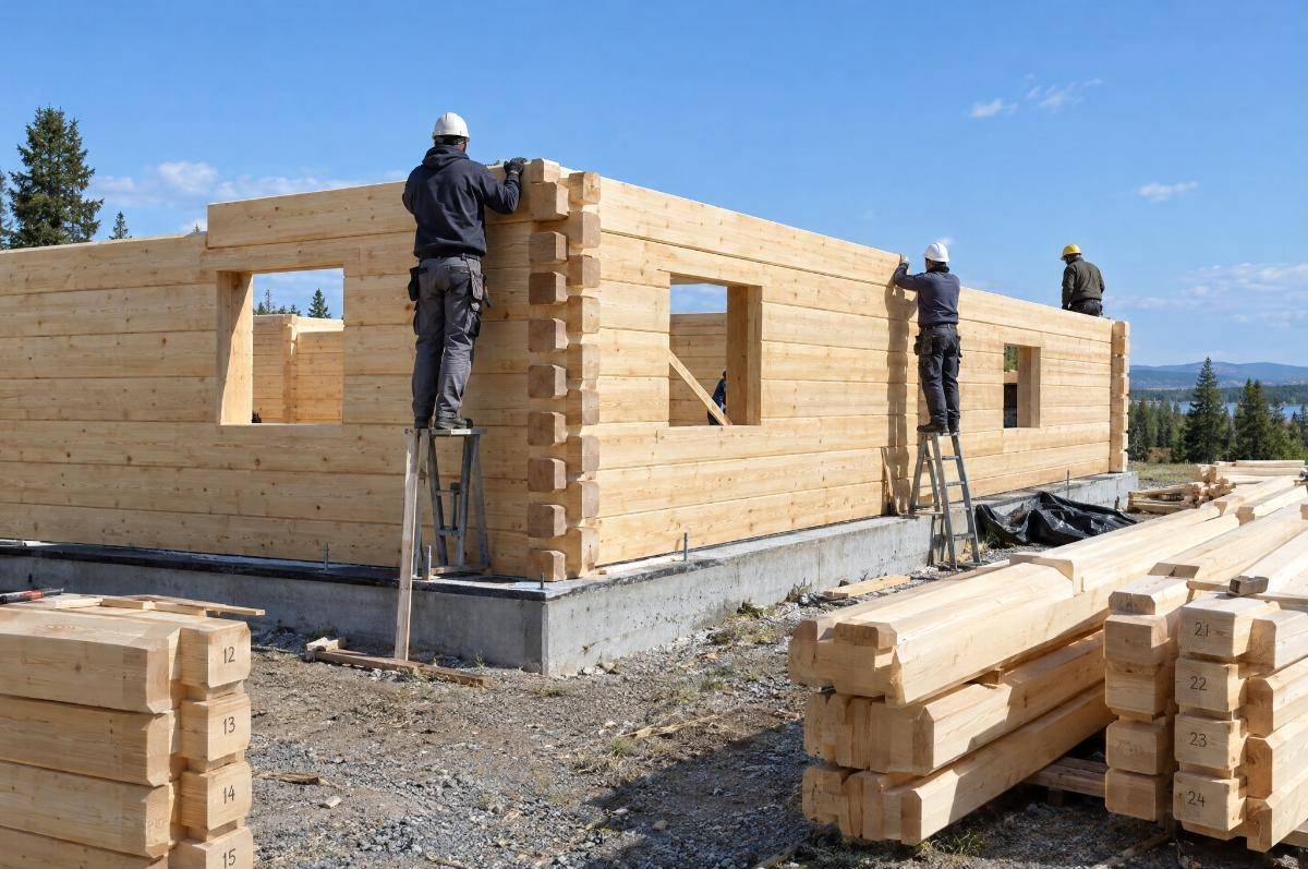 Crew assembling numbered glulam logs into walls on a concrete base