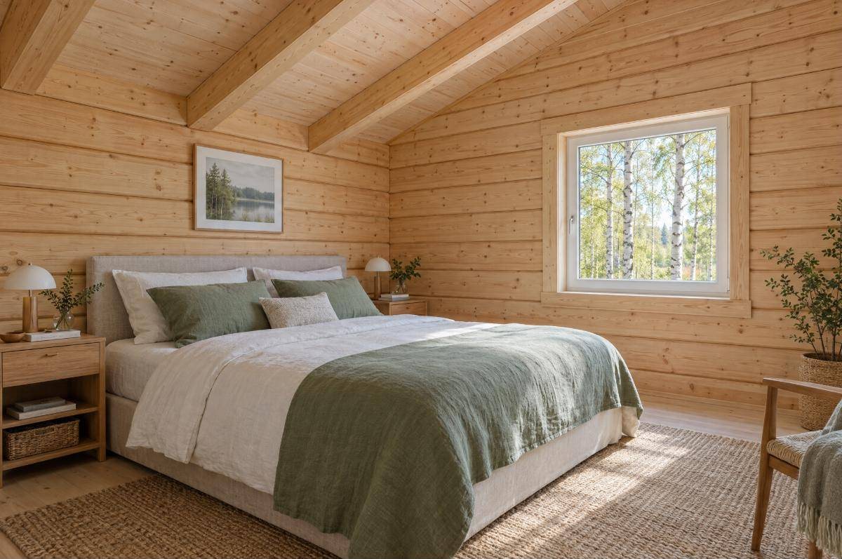 Bedroom with horizontal laminated log walls and sloped timber ceiling