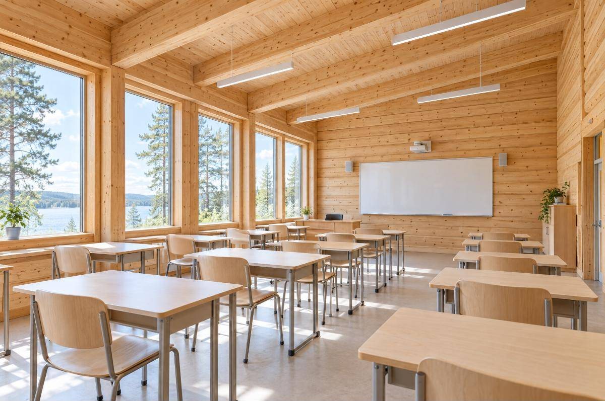 Bright classroom with laminated timber walls and glulam roof beams