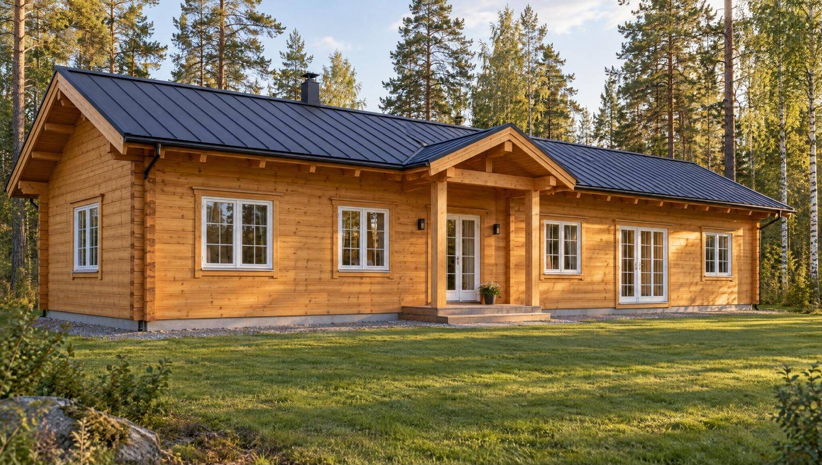 Single-storey glulam log house No. 3 with gabled entrance porch at the edge of a pine forest