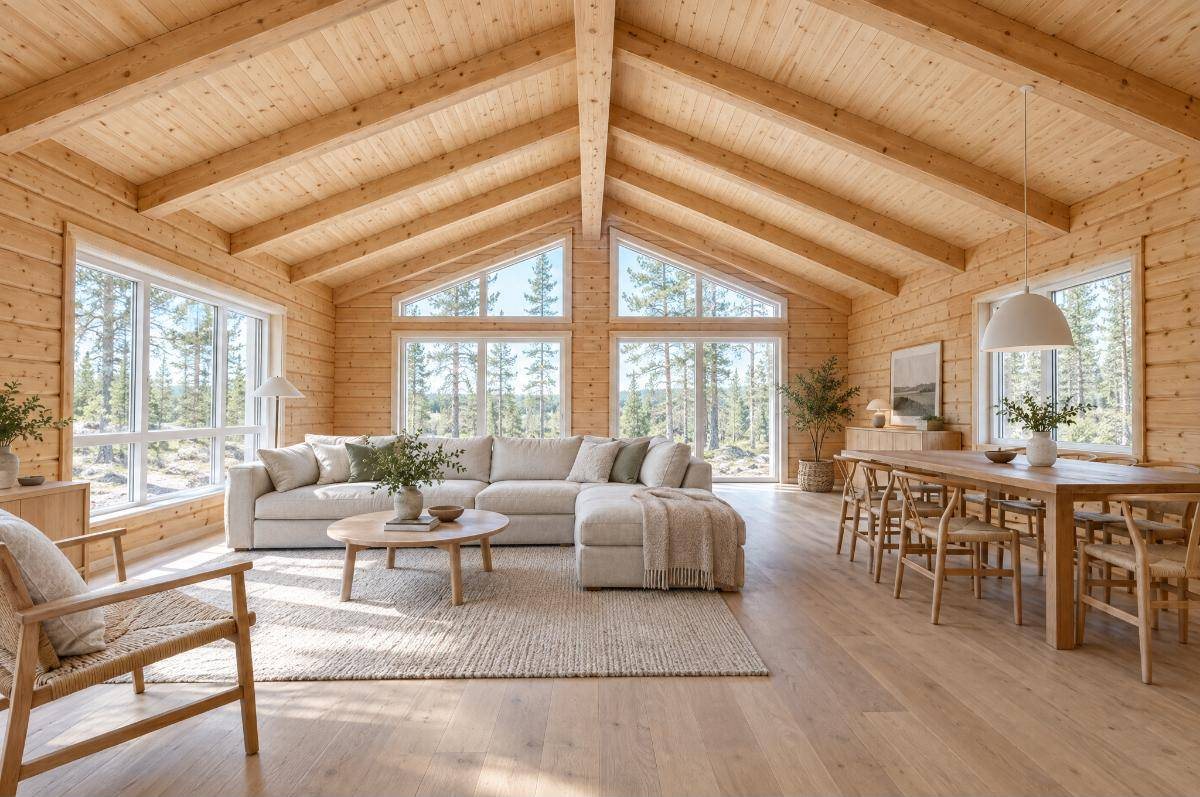 Open-plan living and dining room with laminated log walls and exposed glulam roof beams