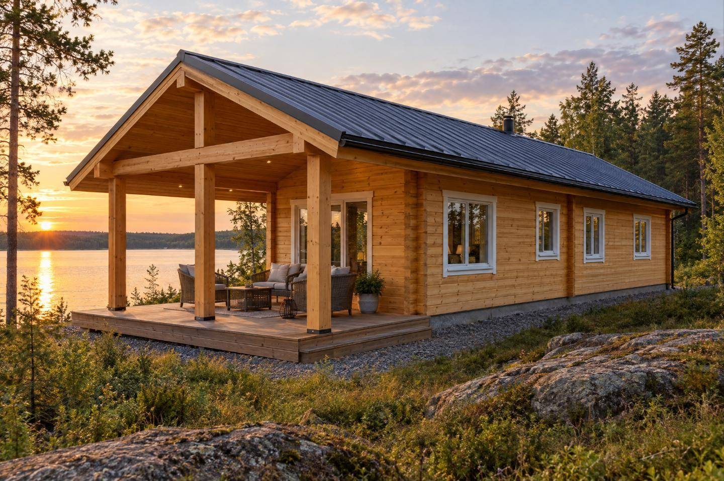 Glulam lodge with covered veranda on glulam columns by a lake at sunset