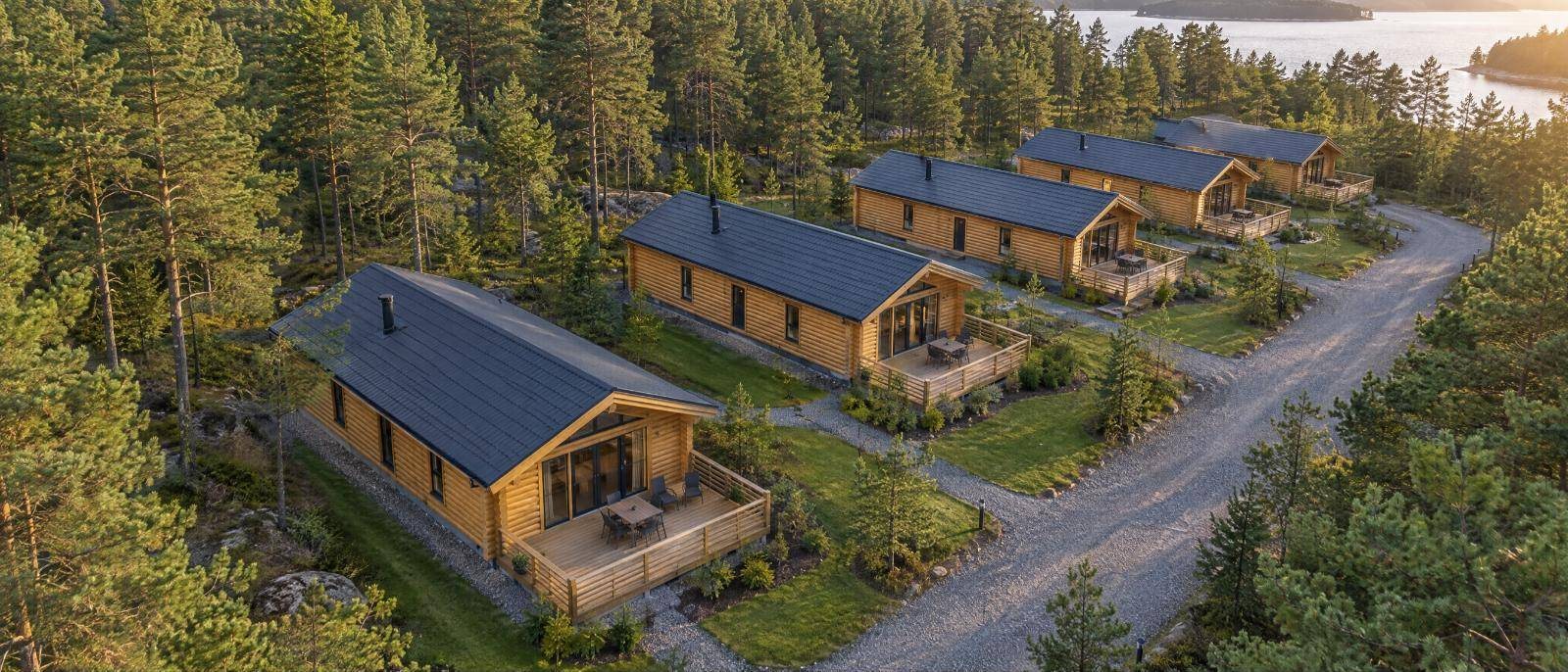 Holiday park with a row of glulam log lodges among pine trees