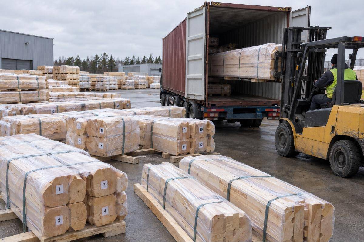 Numbered, film-wrapped log bundles being loaded into a shipping container